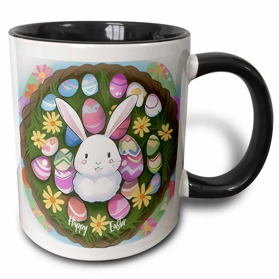 3drose, Happy Easter from an Anime-style Bunny. Positive Greeting Card, Gift, 11oz Two-tone Black Mug