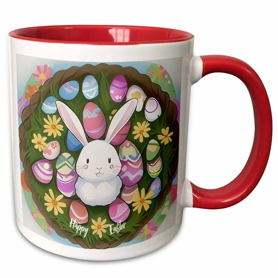 3drose, Happy Easter from an Anime-style Bunny. Positive Greeting Card, Gift, 11oz Two-tone Red Mug