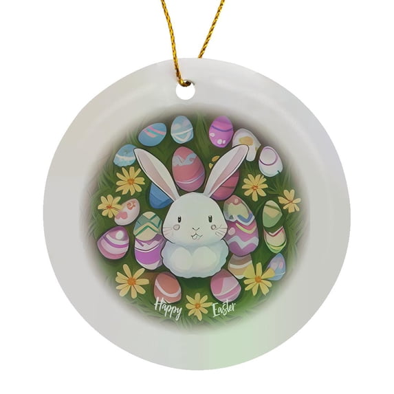 3drose, Happy Easter from an Anime-style Bunny. Positive Greeting Card, Gift, Circle Porcelain Ornament