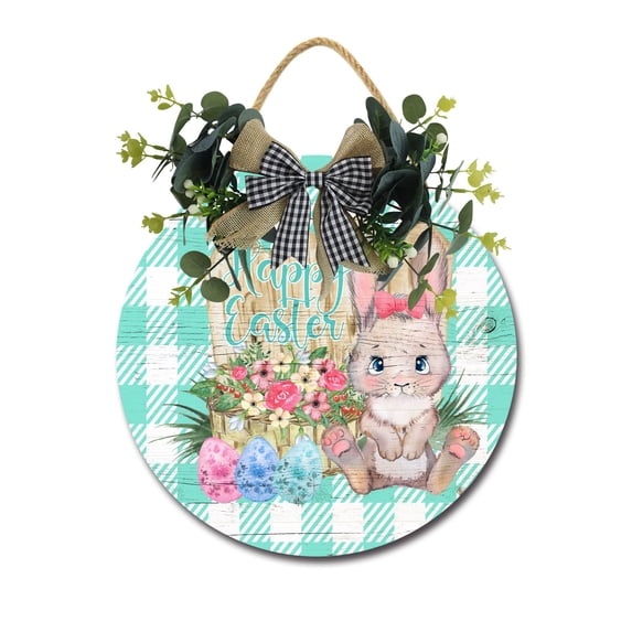 Happy Easter Front Door Sign Funny Wreaths Hanging Wooden Plaque Decoration Round Rustic Wood Farmhouse Porch Decor for Home Front Door Decor, 11 Inch