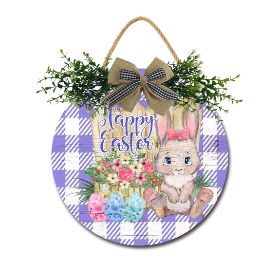 Happy Easter Front Door Sign Funny Wreaths Hanging Wooden Plaque Decoration Round Rustic Wood Farmhouse Porch Decor for Home Front Door Decor, 12 Inch