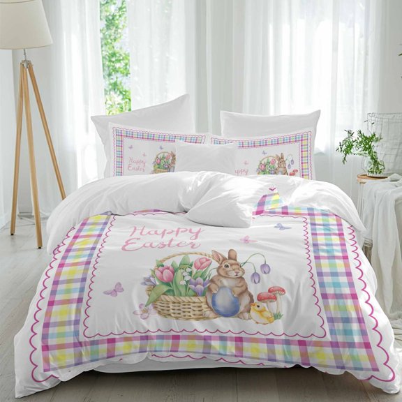 Happy Easter Full Size Comforter Set, Spring Flower Basket Bunny Butterfly Egg Colorful Plaid Bedding for All Seasons, 4 Pcs Bed Set, 1Quiltcover (86"x86") ,1Sheet(80"x116"), 2Pillowcases (30"x20")