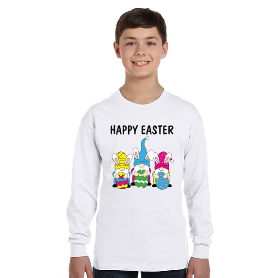 Happy Easter Funny Bunny Long Sleeve Shirts for Kids - Youth XS S M L XL - Happy Easter Holiday Christian Tee for Boys for Girls