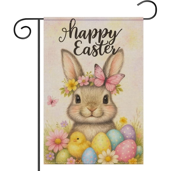 Happy Easter Garden Flag 12x18 Double Sided - Watercolor Bunny with Floral Crown Yard Flags Outside, Cute Spring Eggs Welcoming Front Porch Decor, Heavy Duty Seasonal Holiday Lawn Sign