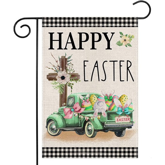 Happy Easter Garden Flag 12x18 Inch Double Sided Buffalo Plaid with Truck Cross Rabbit Eggs,Small Yard Flag for Outside Farmhouse Holiday Spring Outdoor Decor