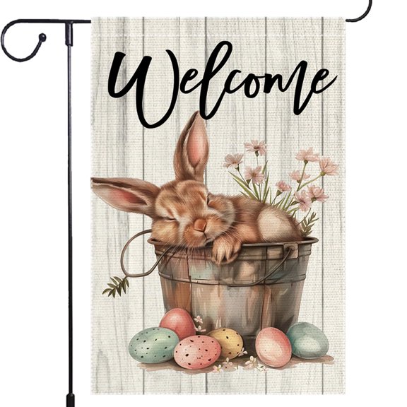 Happy Easter Garden Flag 12x18 Inch Double Sided Burlap Bunny with Floral Crown and Easter Egg Yard Decor