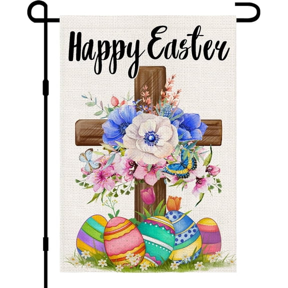 Happy Easter Garden Flag Burlap 12x18 Inch Double Sided Outside, Christian Religious Cross Sign Small Flags Yard Outdoor Decoration DF707