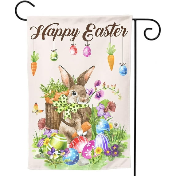 Happy Easter Garden Flag Welcome Spring Large House Flag Bunny Eggs Banners for Farmhouse Lawn Outdoor Yard Decor 12 x 18 Inch