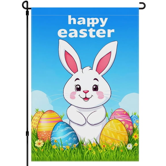 Happy Easter Garden Flags 28x40in Durable Cartoon Easter Bunny Easter Eggs Yard Flag Versatile Cute Colorful Flowers Yard Decoration for Farmhouse Patio Yard Front Door Lawn