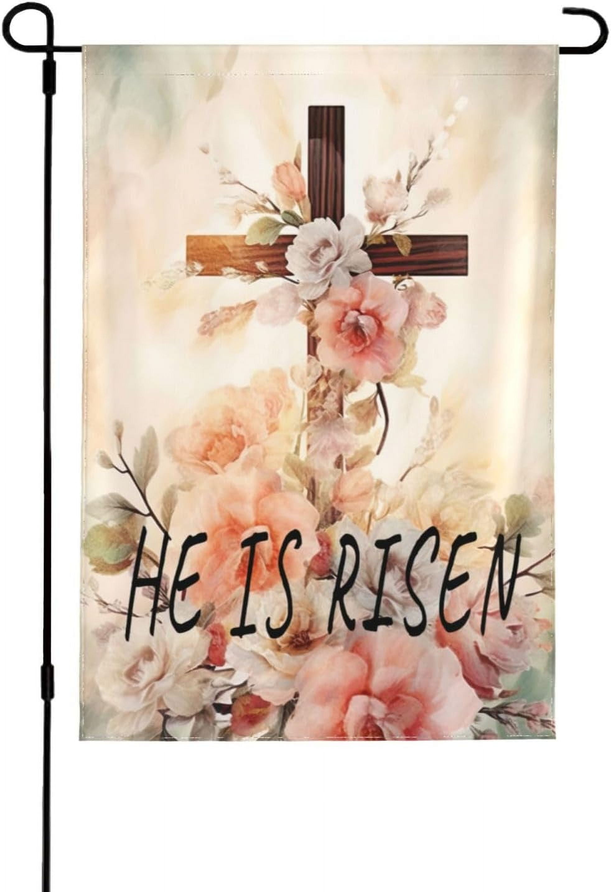 Happy Easter Garden Flags,He is Risen Cross Flowers Garden Flag for
