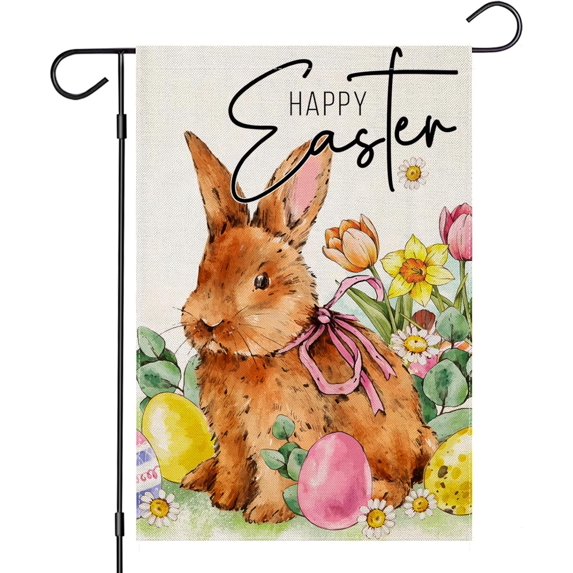 Happy Easter Garden Flags for Outside, Cartoon Bunny with Flowers Eggs Yard Decoration, Small Seasonal Outdoor Decor for Farmhouse Holiday,12.5x18 Double Sided