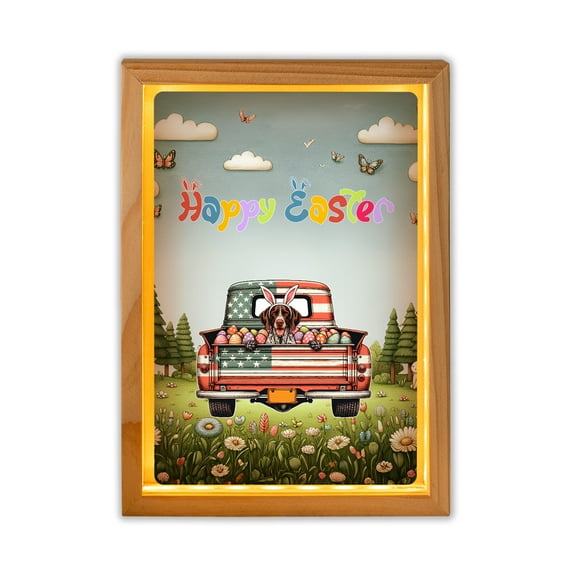 Happy Easter German Shorthaired Pointer American Flag Truck Bunny Ears Acrylic Plaque with Wood Photo Frame Box GSP Lover Dog Gift Light Box - 03001