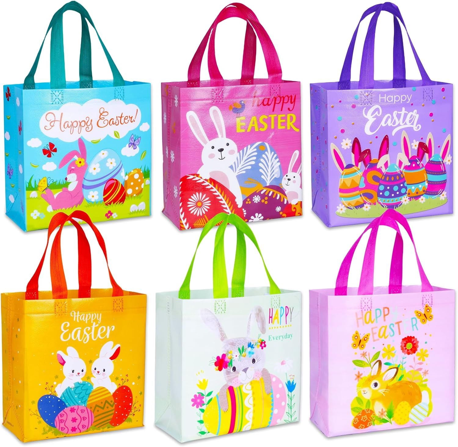 Happy Easter Gift Bags with Handles, Bunny Carrot Chick Designs, Reusable Non-Woven Treat Bags for Party Favors, Gift Wrapping, Easter Basket Container, 9.1x8.7x4.5 inch, 6-Pack