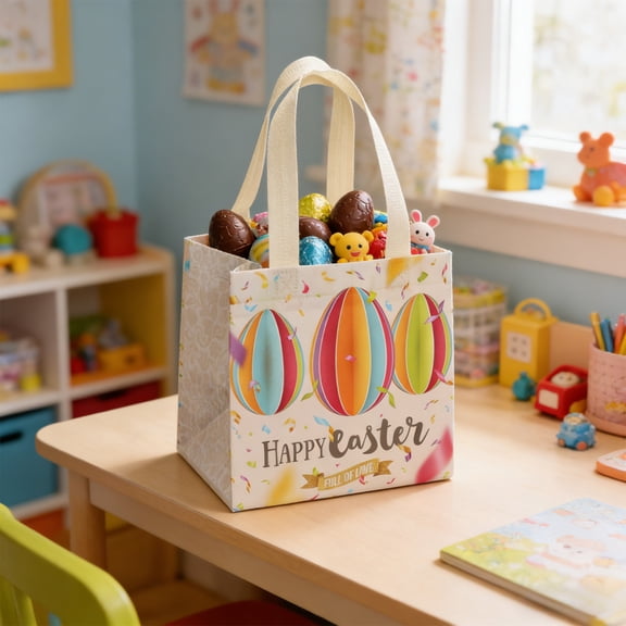 Happy Easter Gift Bags with Handles, Bunny Egg Printed Non-Woven Tote Bags for Party Favors Goodies Candy Packaging