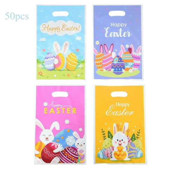 Happy Easter Gifts Bags 50pcs Bunny Plastic Candy Goodies Bags Party Favors with Handles9.84 X 6.3in