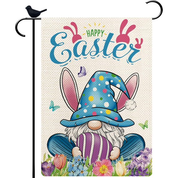 Happy Easter Gnome Garden Flag 12.5×18 Inch Burlap Double Sided Small Welcome Gnomes Egg Seasonal Outside Vertical Holiday Yard Flag (Blue)