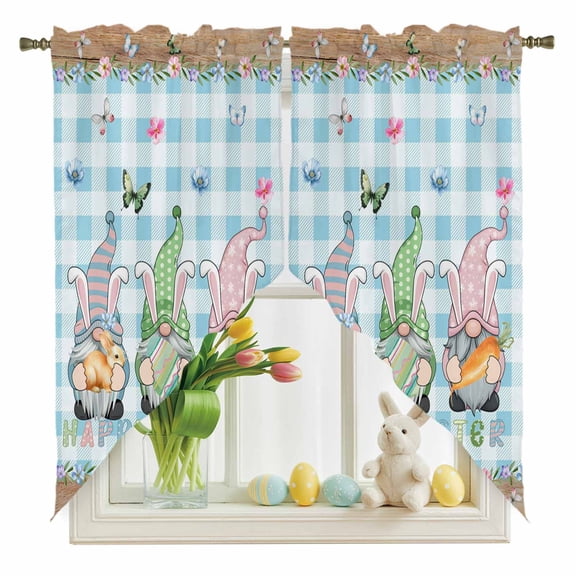 Happy Easter Gnome Swag Kitchen Curtain Valances, Rabbits Blue Plaid Butterfly Flower Spring Rod Pocket Curtains Window Treatment Decor Valances for Bedroom Bathroom, 2 Panels 28 x 36 Inch