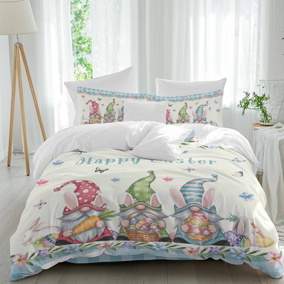 Happy Easter Gnome Twin Size Comforter Set, Rabbit Eggs Butterfly Flowers Spring Blue Plaid Bedding for All Seasons, 4 Pcs Bed Set, 1 Quiltcover (68"x86") ,1Sheet(67"x116"), 2Pillowcases (30"x20")