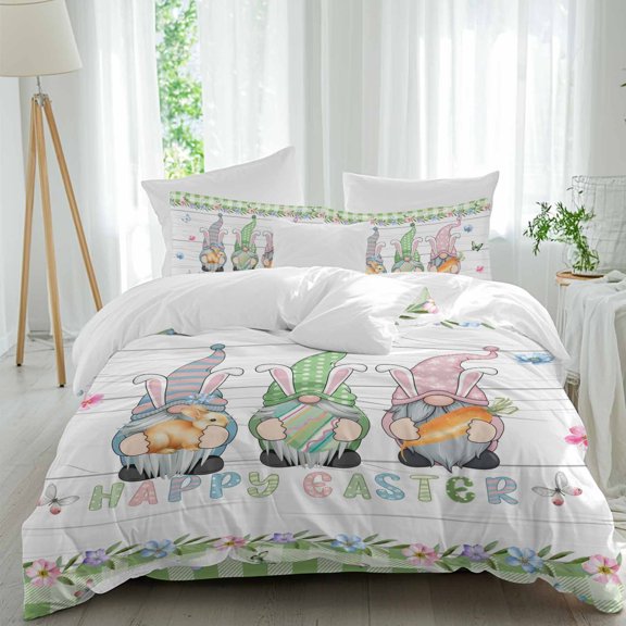 Happy Easter Gnome Twin Size Comforter Set, Rabbits Butterfly Flower Spring Green Plaid Bedding for All Seasons, 4 Pcs Bed Set, 1 Quiltcover (68"x86") ,1Sheet(67"x116"), 2Pillowcases (30"x20")