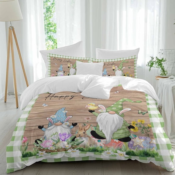 Happy Easter Gnome Twin Size Comforter Set, Rabbits Daisy Flower Eggs Vintage Green Plaid Bedding for All Seasons, 4 Pcs Bed Set, 1 Quiltcover (68"x86") ,1Sheet(67"x116"), 2Pillowcases (30"x20")