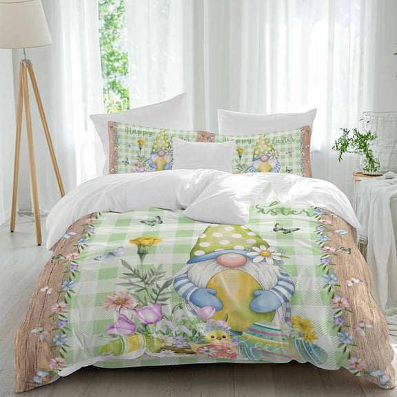Happy Easter Gnome Twin Size Comforter Set, Spring Pink Flower Eggs Butterfly Green Plaid Bedding for All Seasons, 4 Pcs Bed Set, 1 Quiltcover (68"x86") ,1Sheet(67"x116"), 2Pillowcases (30"x20")