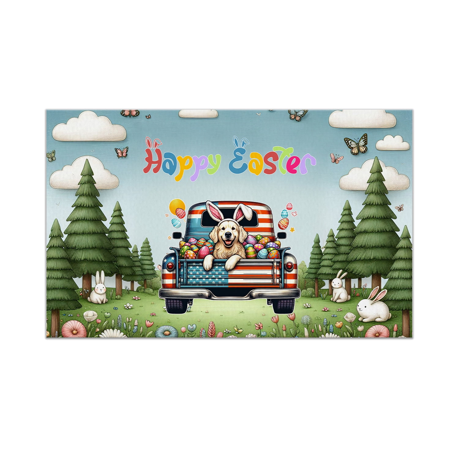 Happy easter golden retriever american flag truck bunny ears doormat