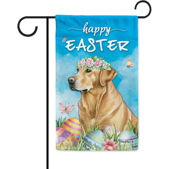 Happy Easter Golden Retriever Garden Flag Watercolor Dog with Easter Eggs Butterfly Flowers Spring Summer Welcome Flag for Outside Yard 12.5X18 Inch Double Side