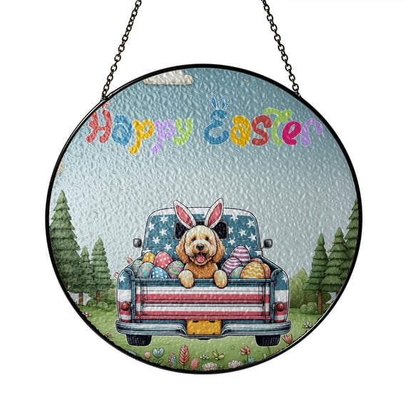 Happy Easter Goldendoodle American Flag Truck Bunny Ears Stained Glass Suncatcher Doodle Dog Lover Gifts Idea Window Hanging Sign Decor - 03001