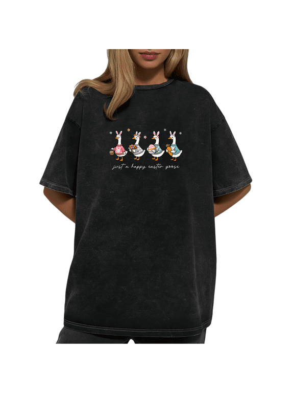 Happy Easter Goose Bunny Ears Graphic Tee Oversized Washed Casual Short Sleeve Top S-2XL