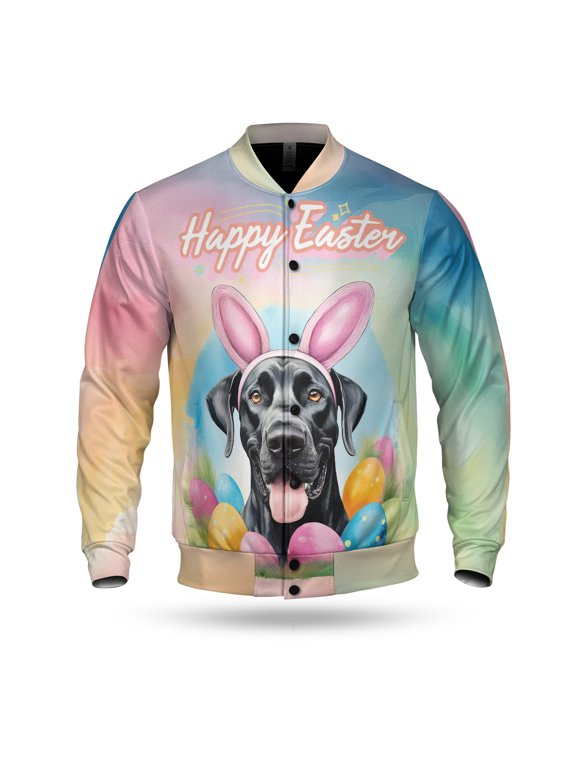 Happy Easter Great Dane with Bunny Ear Headband and Flowers All Over Print 3D Baseball Jacket Danes Dog Lover Gifts Bomber Jacket Softball - 13001