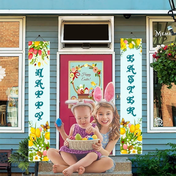 Happy Easter He Is Risen Porch Sign Banner Happy Easter Door Banners Hanging Decorations for Home Outdoor Indoor Wall Front Door Decor, 2 Pcs