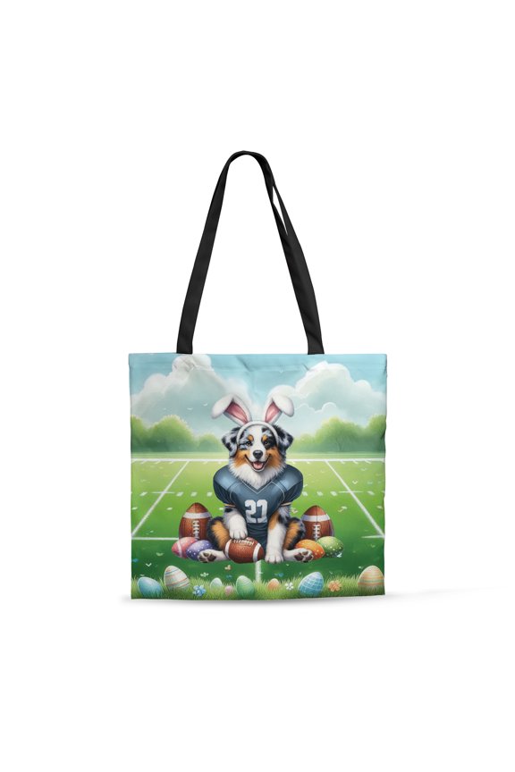 Happy Easter Hello Spring Australian Shepherd Playing Football All Over Print 3D Canvas Tote Bag Aussie Dog Lover Gifts Reusable Handbag - 13003