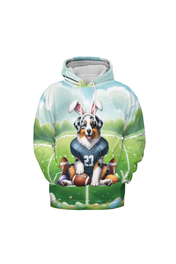 Happy Easter Hello Spring Australian Shepherd Playing Football All Over Print 3D Hoodie Unisex Merch Hoodies Aussie Dog Lover Gifts - 13003