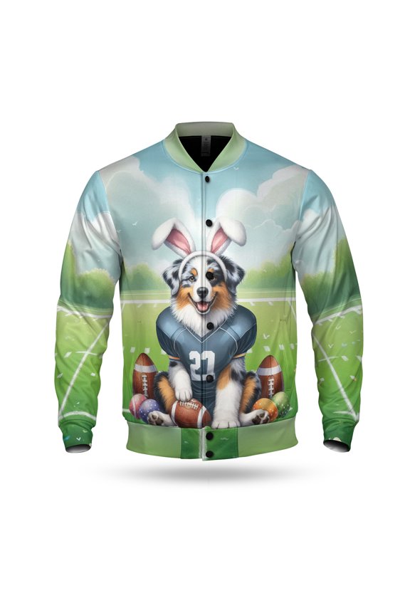 Happy Easter Hello Spring Australian Shepherd Playing Football All Over Print 3D Baseball Jacket Aussie Dog Lover Gifts Bomber Jacket Softball - 13003