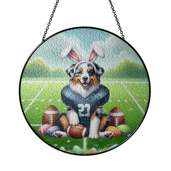 Happy Easter Hello Spring Australian Shepherd Playing Football Stained Glass Suncatcher Aussie Dog Lover Gifts Window Hanging Sign Decor - 13003