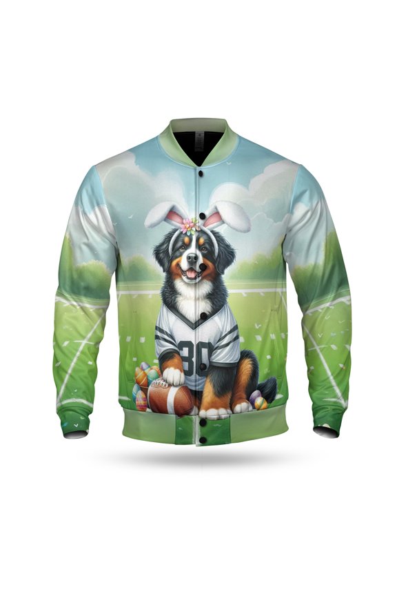 Happy Easter Hello Spring Bernese Mountain Dog Playing Football All Over Print 3D Baseball Jacket Berner Lover Gifts Bomber Jacket Softball - 13003