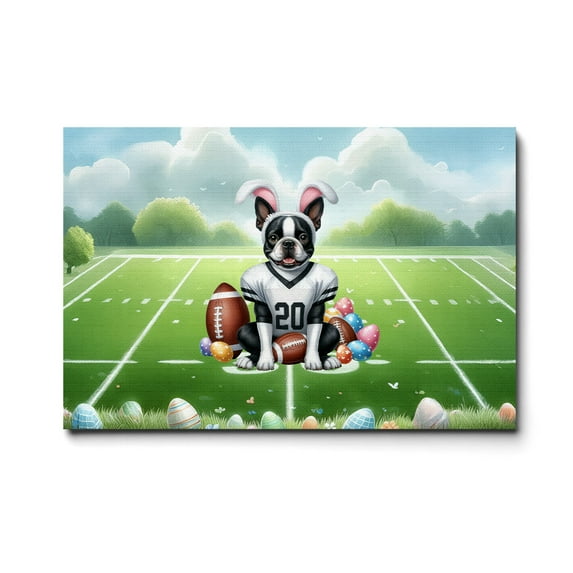 Happy Easter Hello Spring Boston Terrier Playing Football Horizontal Matte Canvas Poster Gentleman Dog Lover Gifts Wall Art Home Decor - 13003