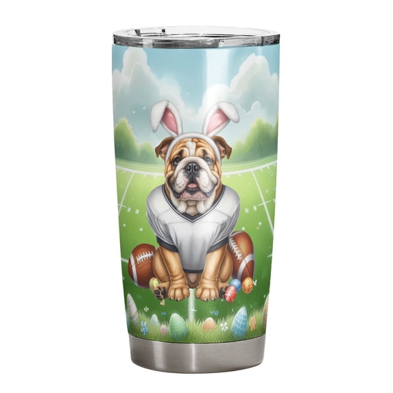 Happy Easter Hello Spring Bulldog Playing Football 20oz Stainless Steel Tumbler Insulated Cup with Lid Dog Lover Gifts Idea - 13003