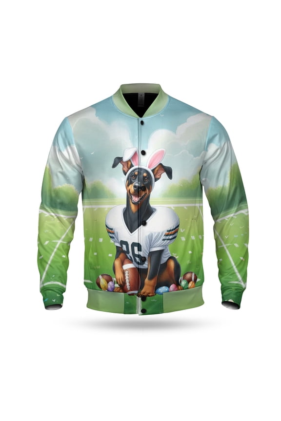 Happy Easter Hello Spring Doberman Pinscher Playing Football All Over Print 3D Baseball Jacket Doberman Dog Lover Gifts Bomber Jacket Softball - 13003