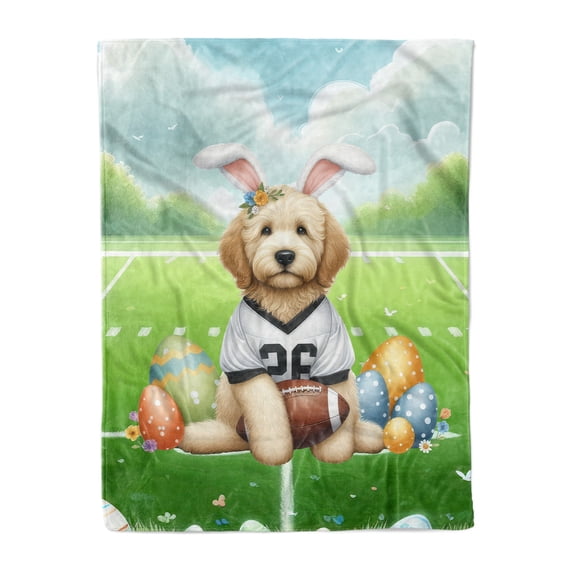 Happy Easter Hello Spring Goldendoodle Playing Football Cozy Fleece Blanket Doodle Dog Lover Gifts Idea Warm Soft Throw Blanket - 13003