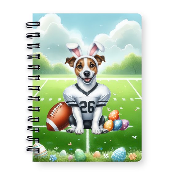 Happy Easter Hello Spring Jack Russell Terrier Playing Football Spiral Bound Journal Parson Jack Dog Lover 5x7in Spiral Notebook - 13003