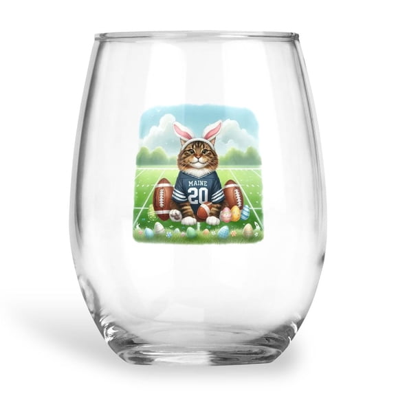 Happy Easter Hello Spring Maine Coon Playing Football 15oz Stemless Wine Glass Mug Cat Lover Kitten Owner Gifts Wine Glasses Cup - 13003