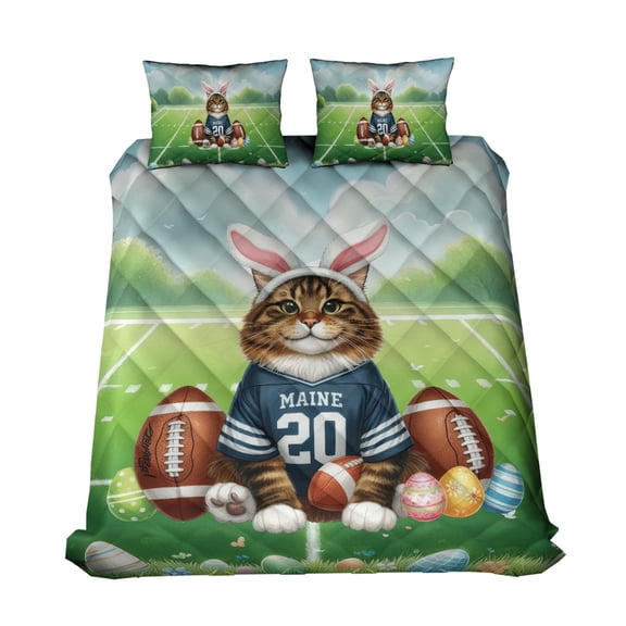 Happy Easter Hello Spring Maine Coon Playing Football Quilt Bedding Set Cat Lover Kitten Owner Gifts 1 Blanket Bed Cover 2 Pillowcases - 13003