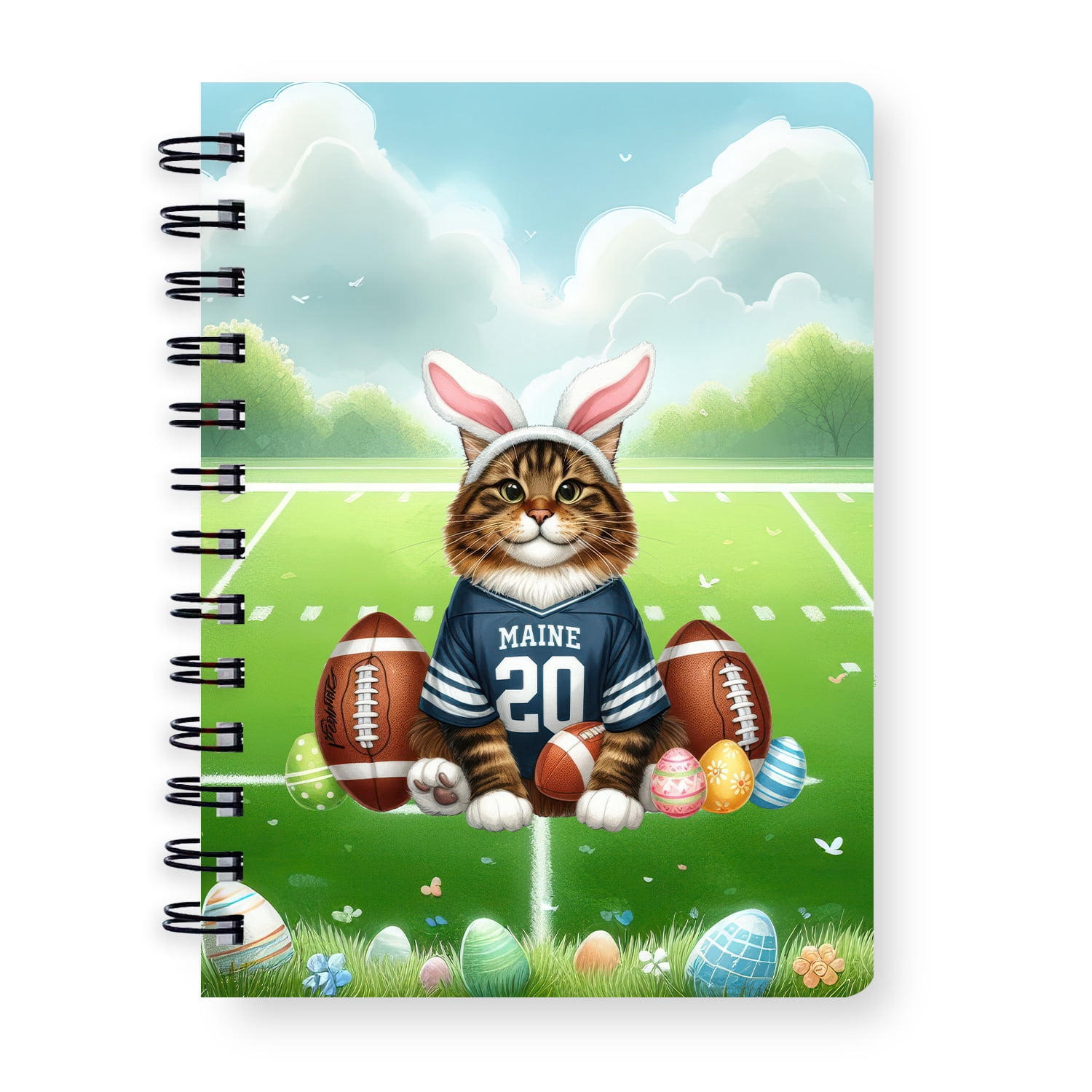 Happy Easter Hello Spring Maine Coon Playing Football Spiral Bound Journal Cat Lover Kitten Owner Gifts 5x7in Spiral Notebook - 13003