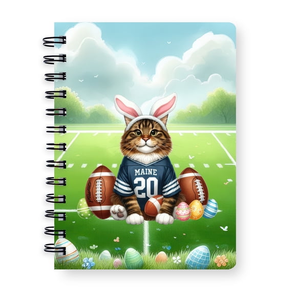 Happy Easter Hello Spring Maine Coon Playing Football Spiral Bound Journal Cat Lover Kitten Owner Gifts 5x7in Spiral Notebook - 13003