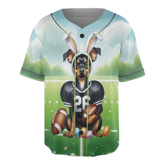 Happy Easter Hello Spring Miniature Pinscher Playing Football All Over Print 3D Baseball Shirt Mini Pin Dog Lover Softball Sport - 13003