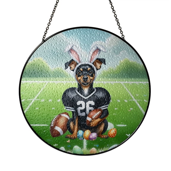 Happy Easter Hello Spring Miniature Pinscher Playing Football Stained Glass Suncatcher Mini Pin Dog Lover Window Hanging Sign Decor - 13003