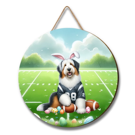 Happy Easter Hello Spring Old English Sheepdog Playing Football Round Wood Sign Dog Lover Hanging Wall Home Decor - 13003