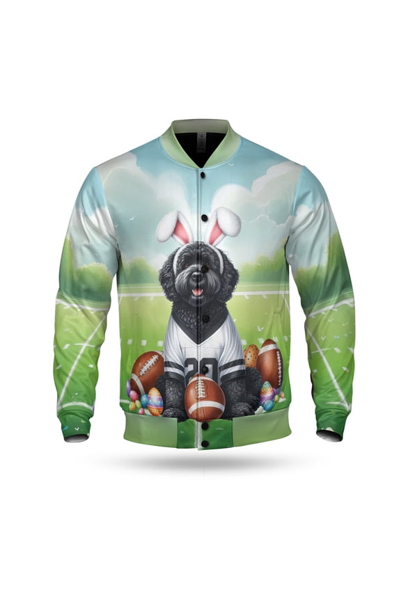 Happy Easter Hello Spring Portuguese Water Dog Playing Football All Over Print 3D Baseball Jacket PWD Portie Fishing Dog Lover Bomber Jacket Softball - 13003