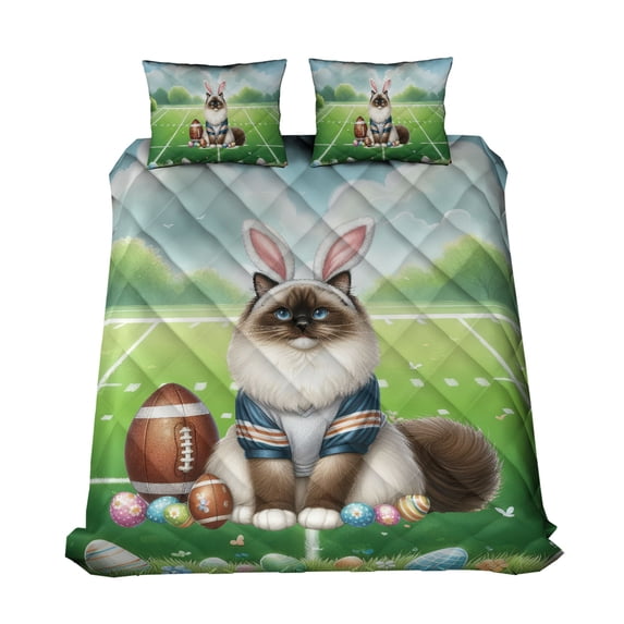 Happy Easter Hello Spring Ragdoll Playing Football Quilt Bedding Set Cat Lover Kitten Owner Gifts Idea 1 Blanket Bed Cover 2 Pillowcases - 13003